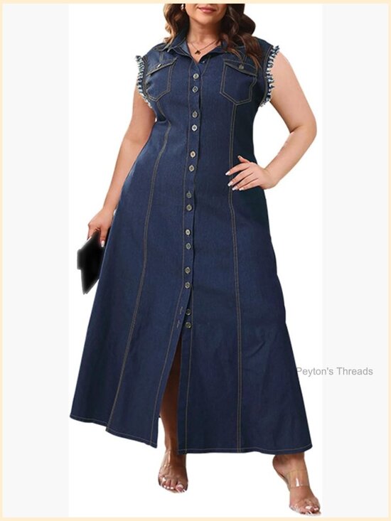 Dresses & Skirts - Denim Sleeveless Button Front A-Line Maxi Dress Plus Size